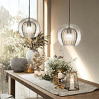 Suspension, design globe en verre, abat-jour à double couche côtelée, chute de 12 pouces