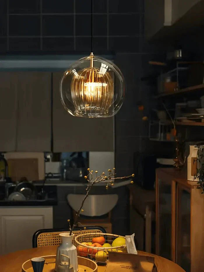 Suspension, design globe en verre, abat-jour à double couche côtelée, chute de 12 pouces