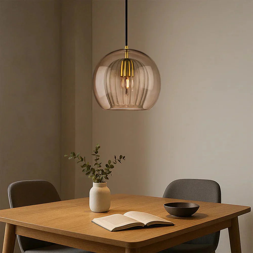 Suspension, design globe en verre, abat-jour à double couche côtelée, chute de 12 pouces