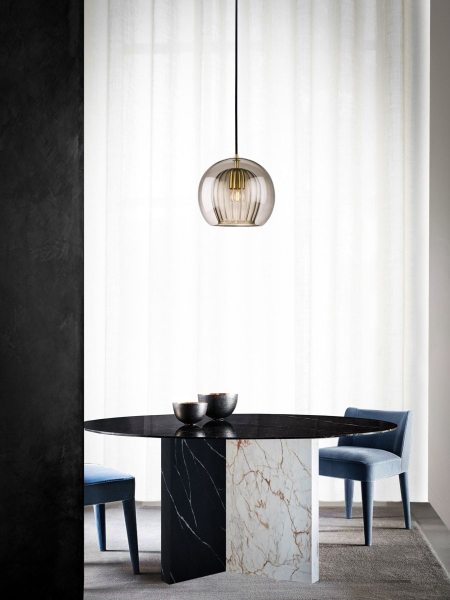 Suspension, design globe en verre, abat-jour à double couche côtelée, chute de 12 pouces