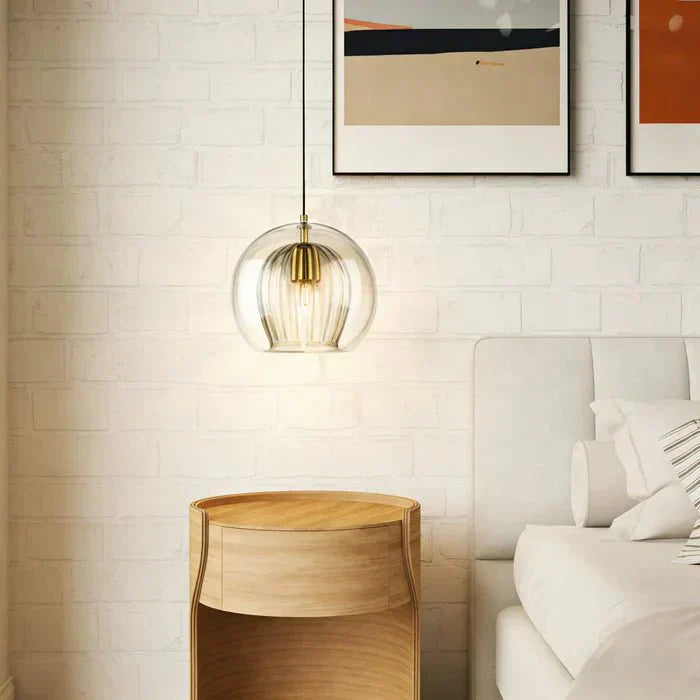 Suspension, design globe en verre, abat-jour à double couche côtelée, chute de 12 pouces