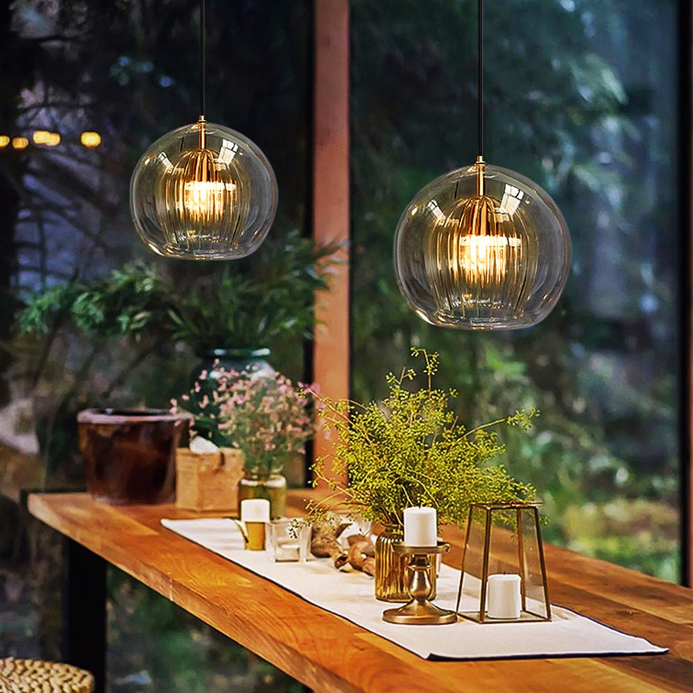 Suspension, design globe en verre, abat-jour à double couche côtelée, chute de 12 pouces