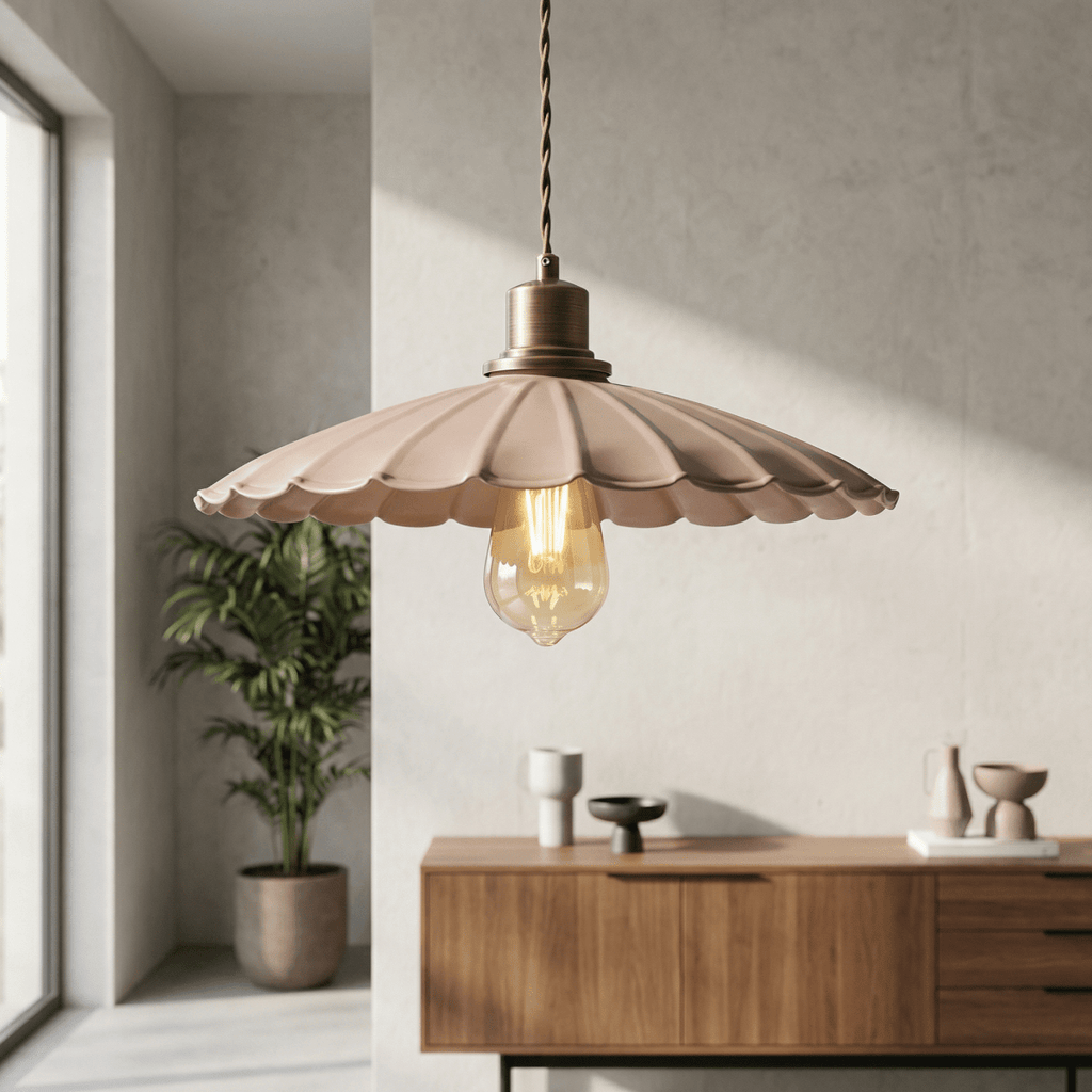 Pendant Light, Dusky Pink Scalloped Shade, Warm Gold Trim