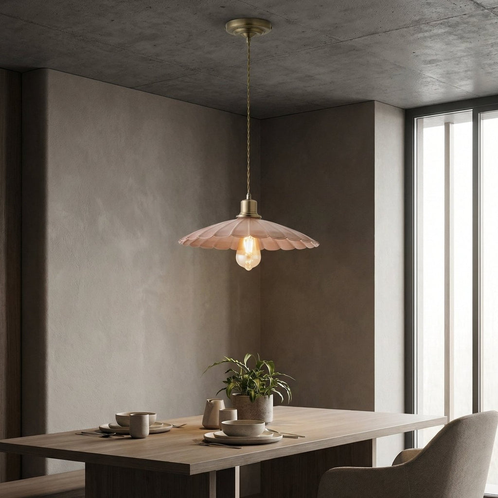 Pendant Light, Dusky Pink Scalloped Shade, Warm Gold Trim