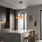 Pendant Light, Dusky Pink Scalloped Shade, Warm Gold Trim