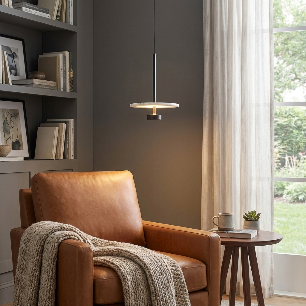 Hung beside a leather armchair and a wood side table, this black Clérachic pendant lights a reading corner.