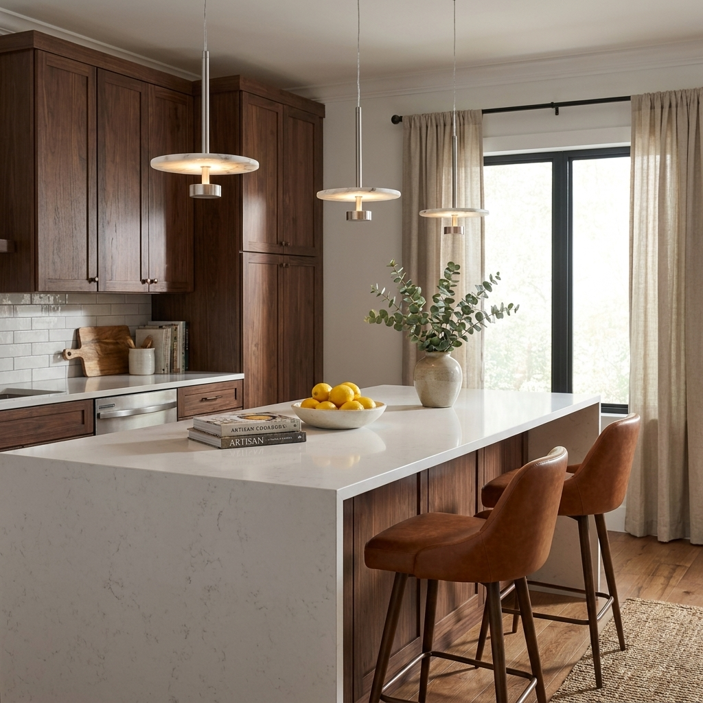 Nickel-finished, this Clérachic pendant hangs low over a kitchen island beside rust-leather counter stools.