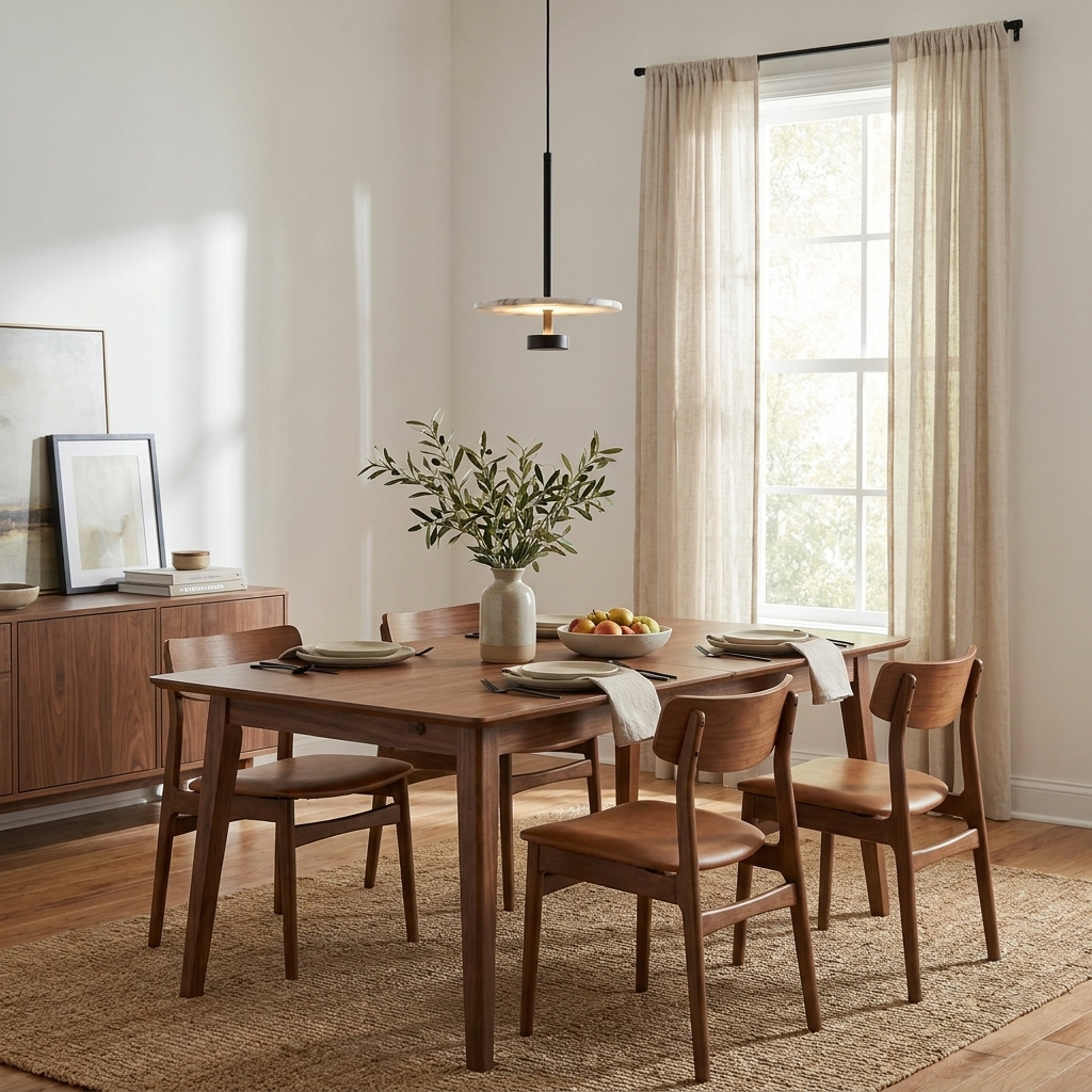 Above a walnut dining table with rust-leather chairs, this black Clérachic pendant lights the room.
