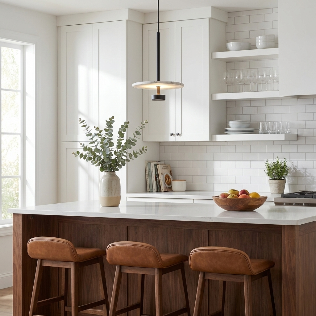 Beside open shelving, this black Clérachic pendant lights a white kitchen island from a slim black rod.