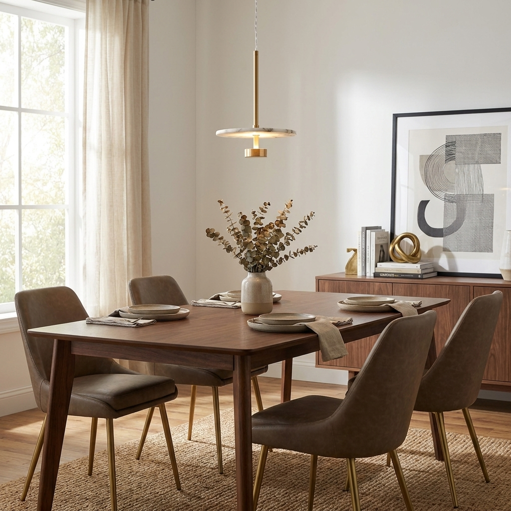 Above a dining table set with taupe chairs, this brass Clérachic pendant lights a console styled with art.