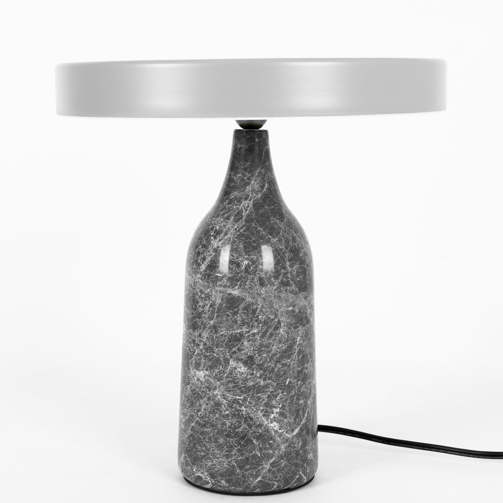 Grey marble Clérachic table lamp with its disc shade held level, tall studio crop on a plain white background.