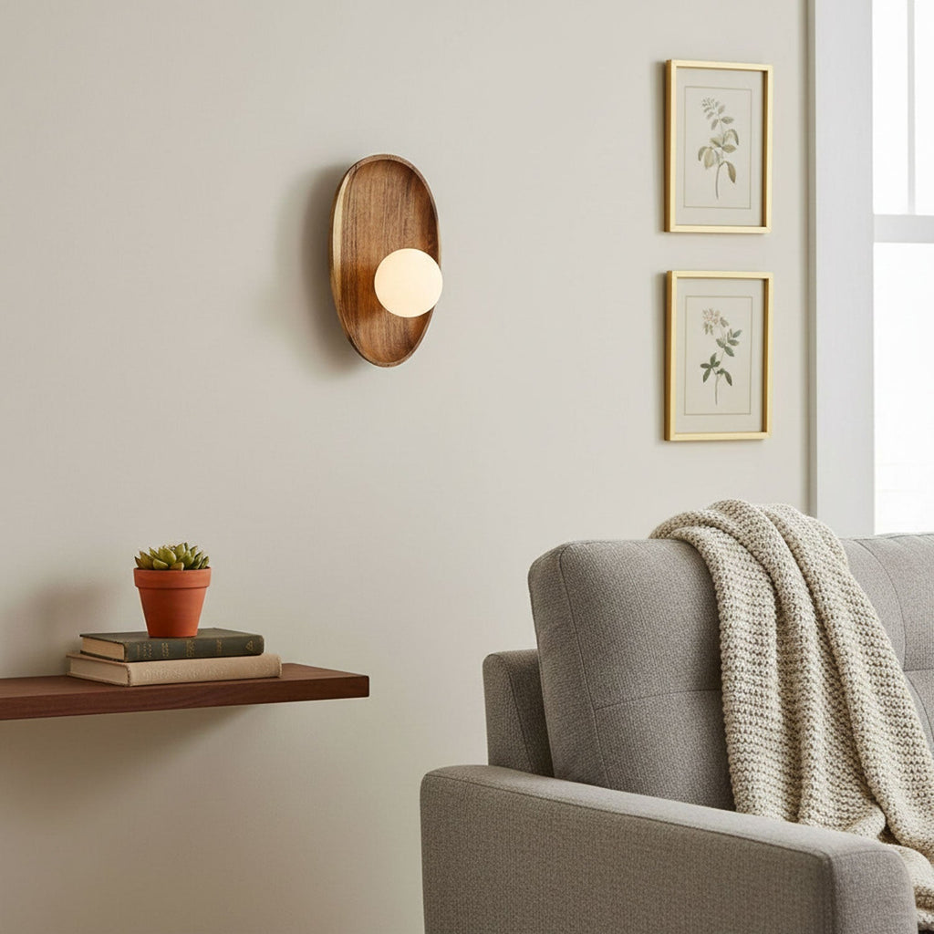 Walnut wood wall lamp mounted beside a doorway