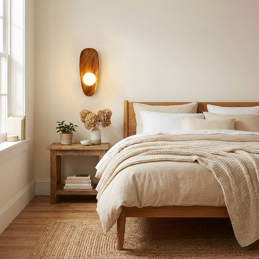 Walnut wood wall lamp mounted on a textured wall