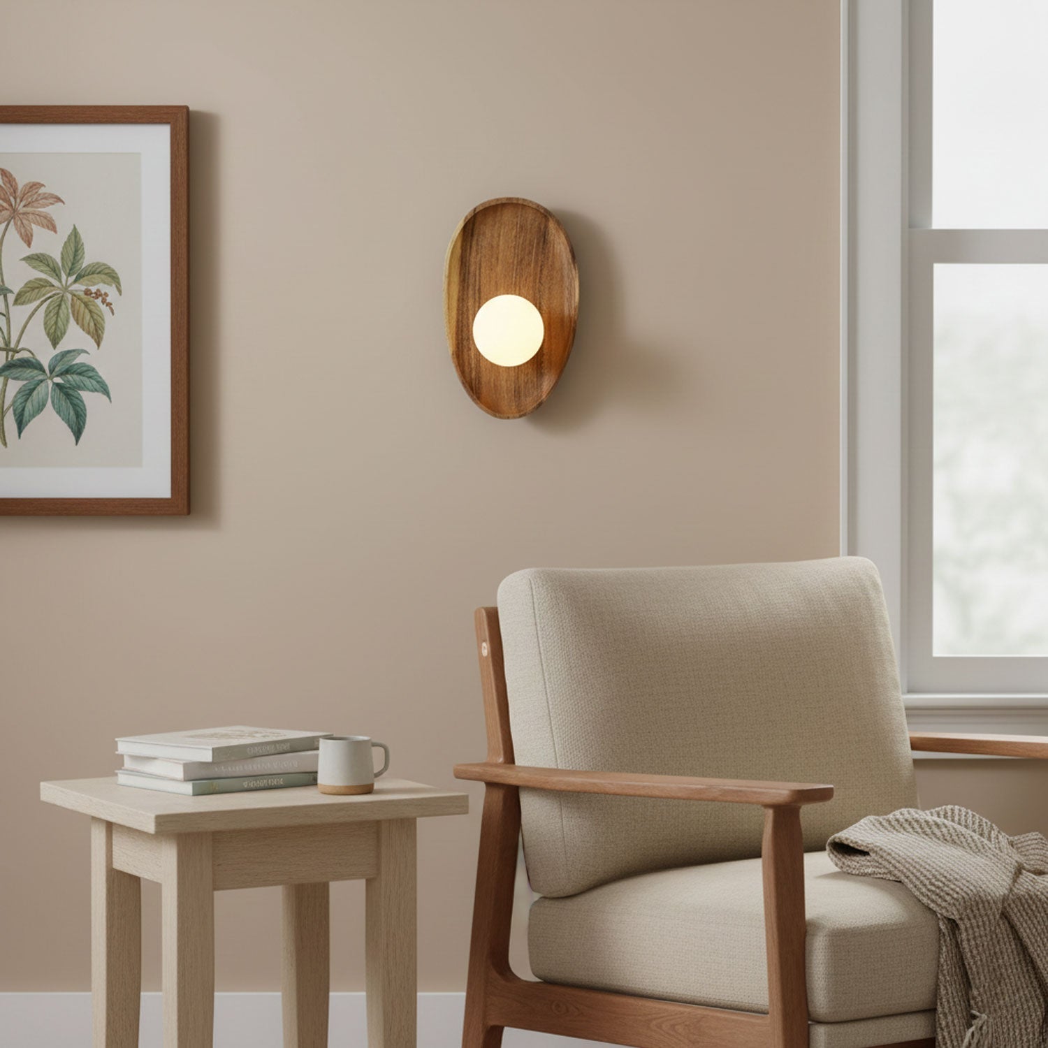 Walnut wood wall lamp close-up of the wood body and white glass shade