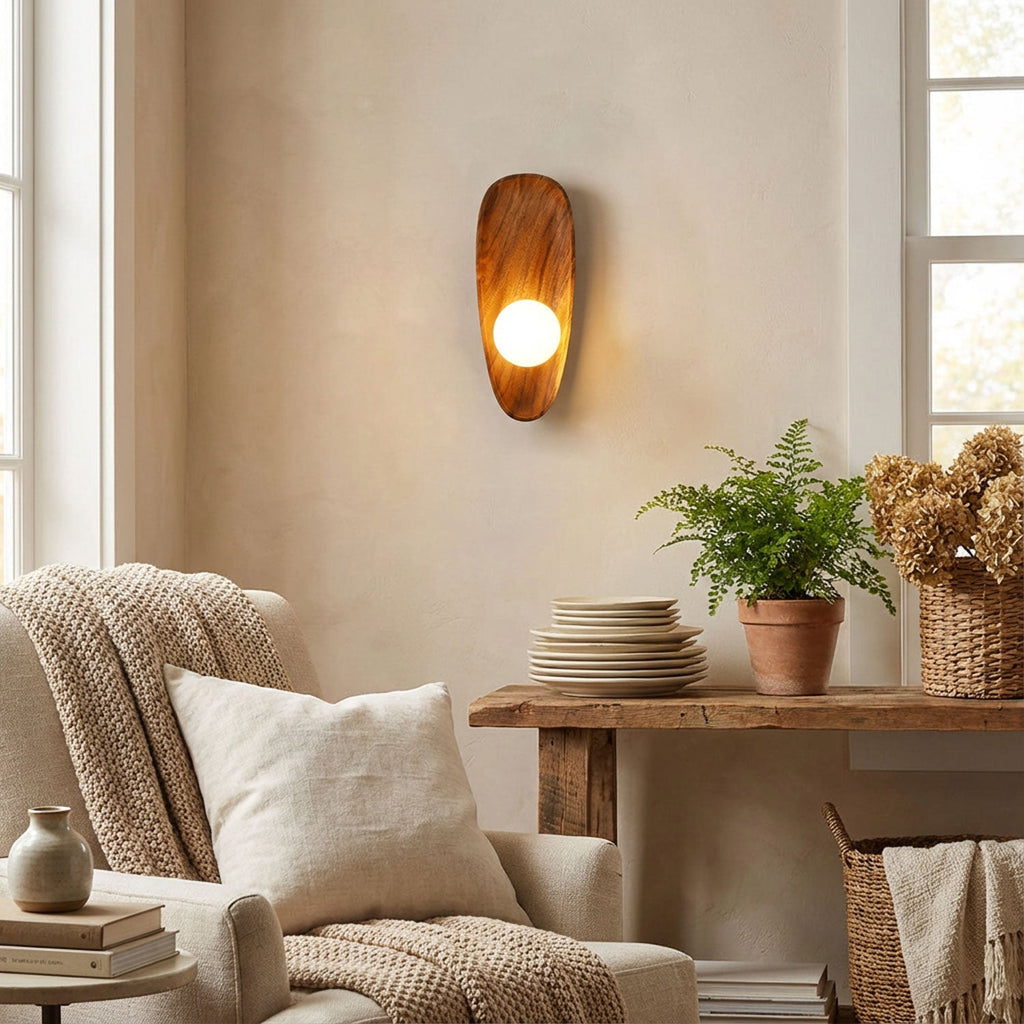 Walnut wood wall lamp close-up of the white glass diffuser