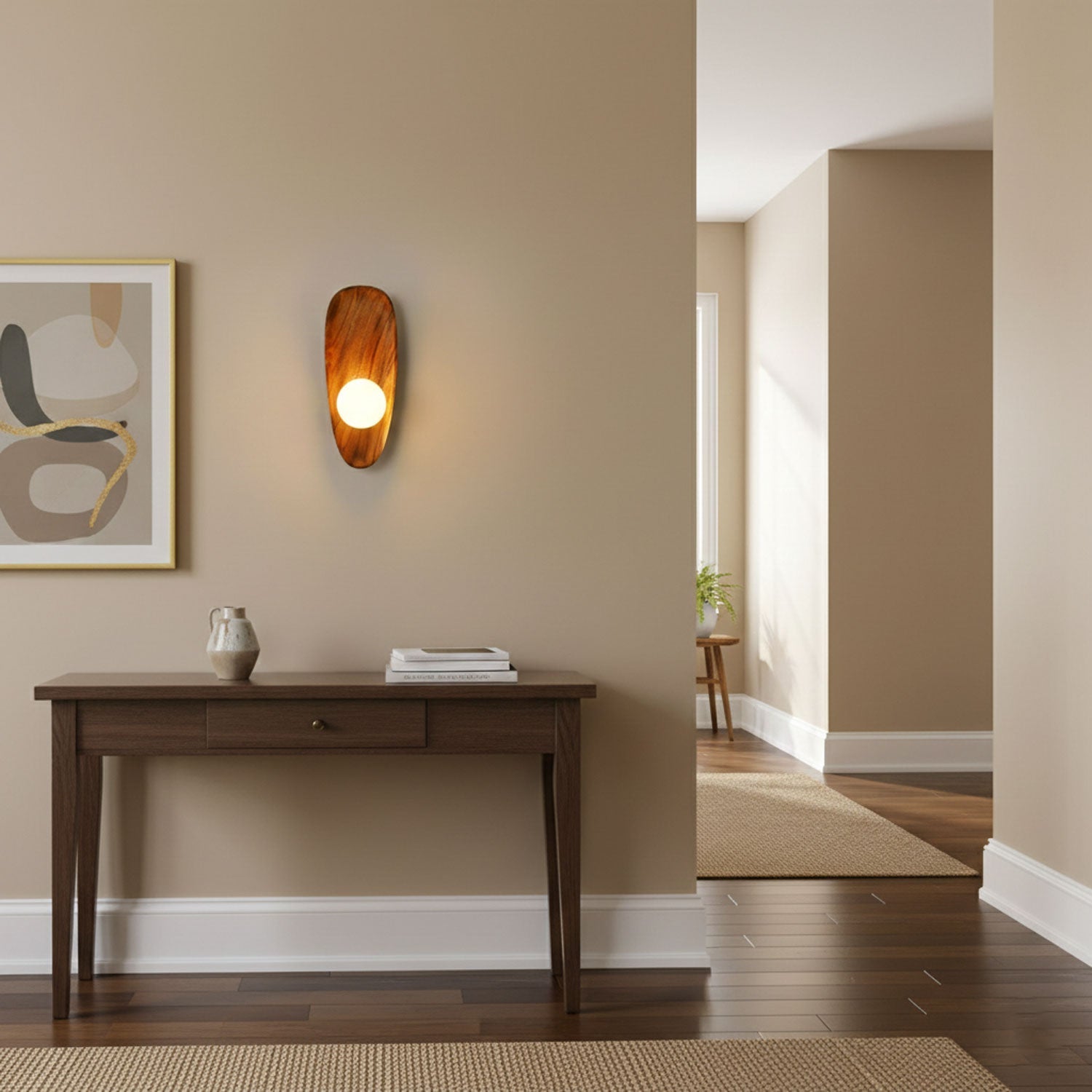 Walnut wood wall lamp shown at an angle in a styled room