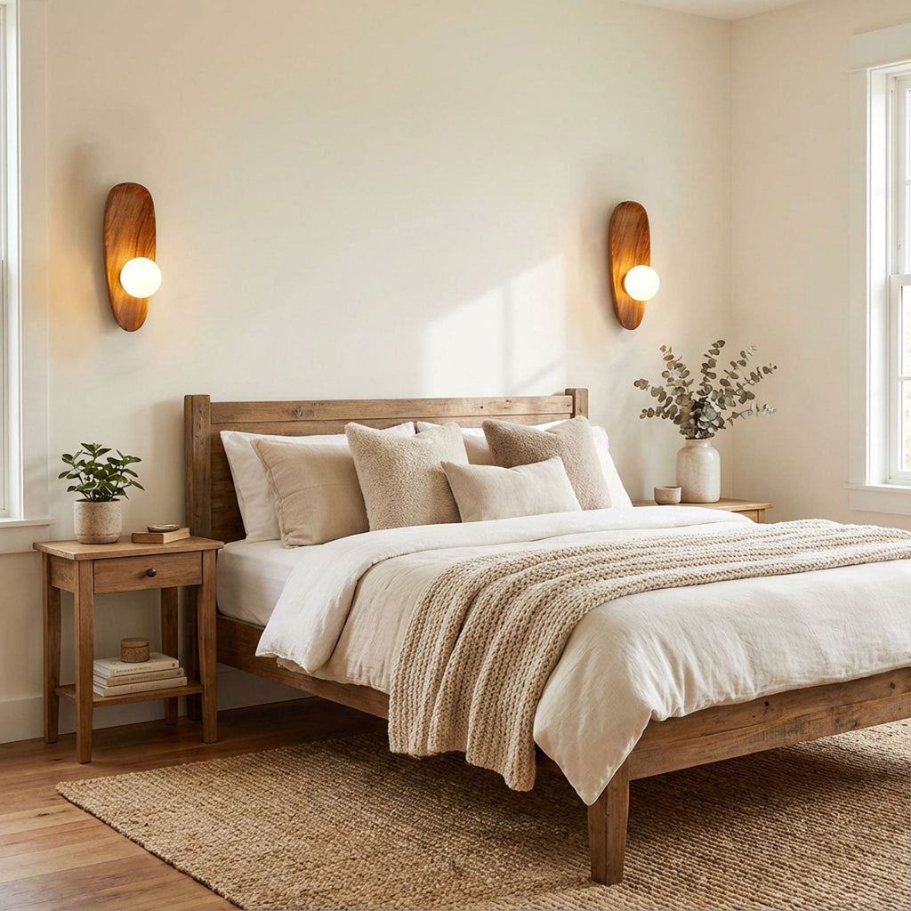 Walnut wood wall lamp shown against a neutral wall