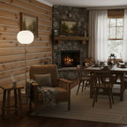The Clérachic floor lamp lights a corner of a log cabin living space, with a wooden dining table set in the background.