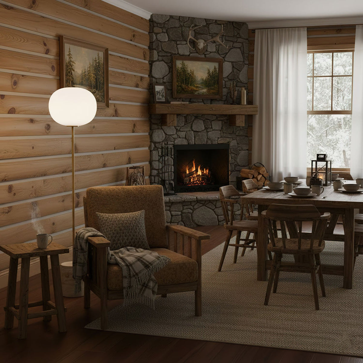 The Clérachic floor lamp lights a corner of a log cabin living space, with a wooden dining table set in the background.