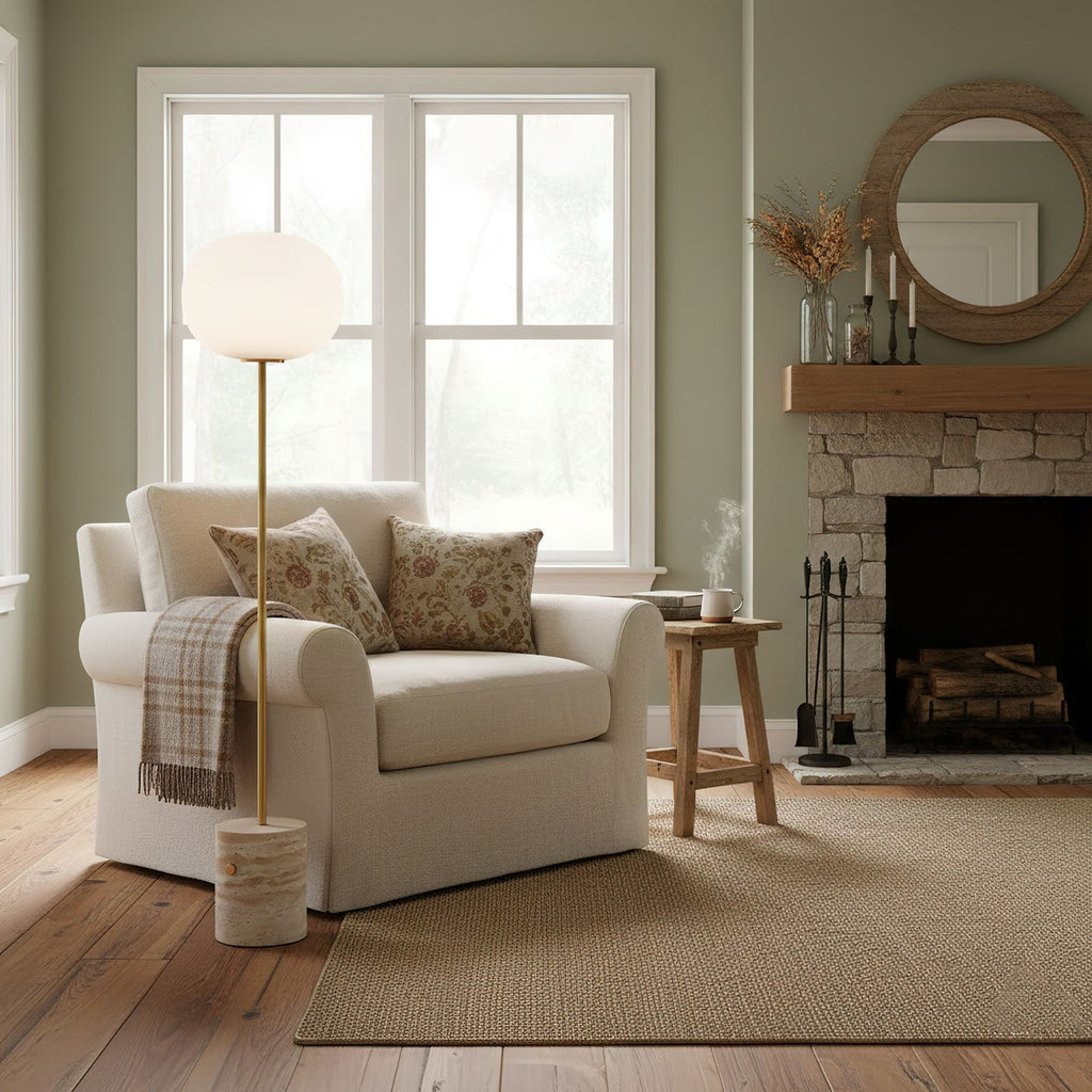 In a sage green living room, the Clérachic floor lamp stands beside a skirted armchair near a stone mantel and round mirror.