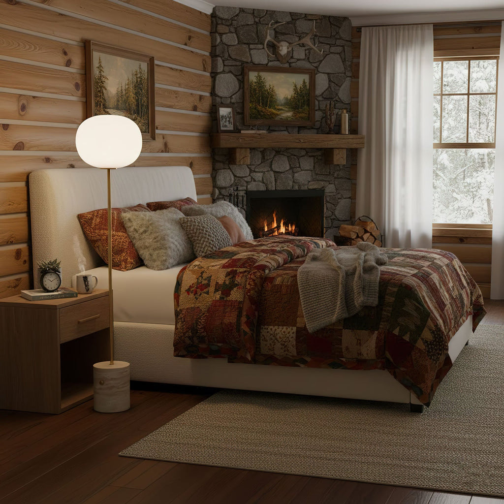 The Clérachic floor lamp glows beside a quilted bed in a log cabin bedroom, with a stone fireplace lit across the room.