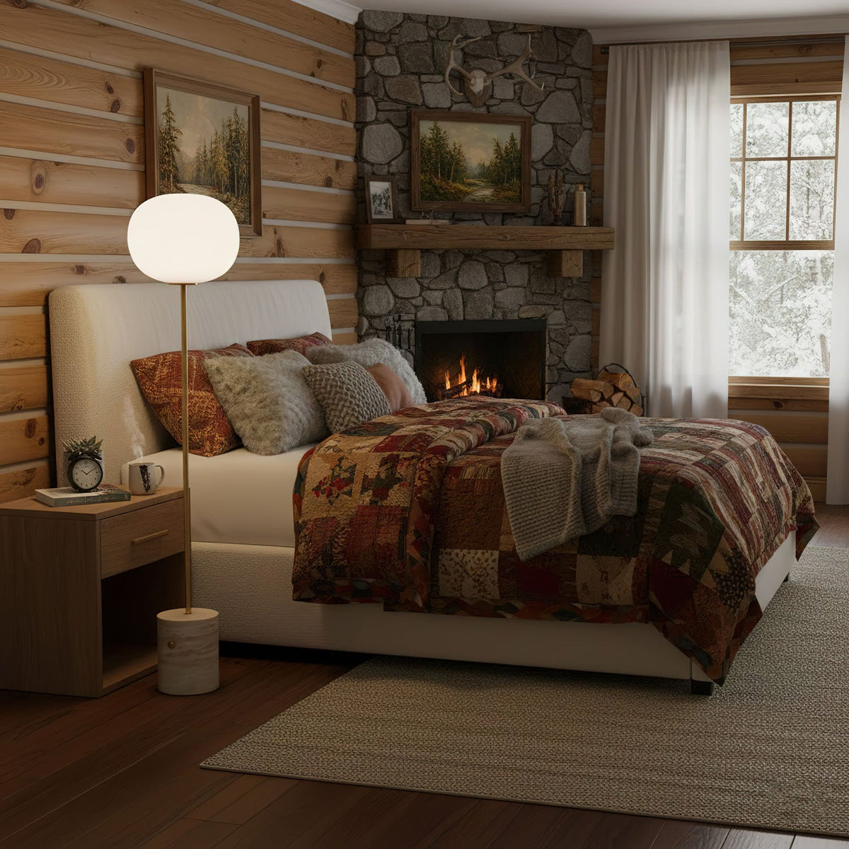 The Clérachic floor lamp glows beside a quilted bed in a log cabin bedroom, with a stone fireplace lit across the room.
