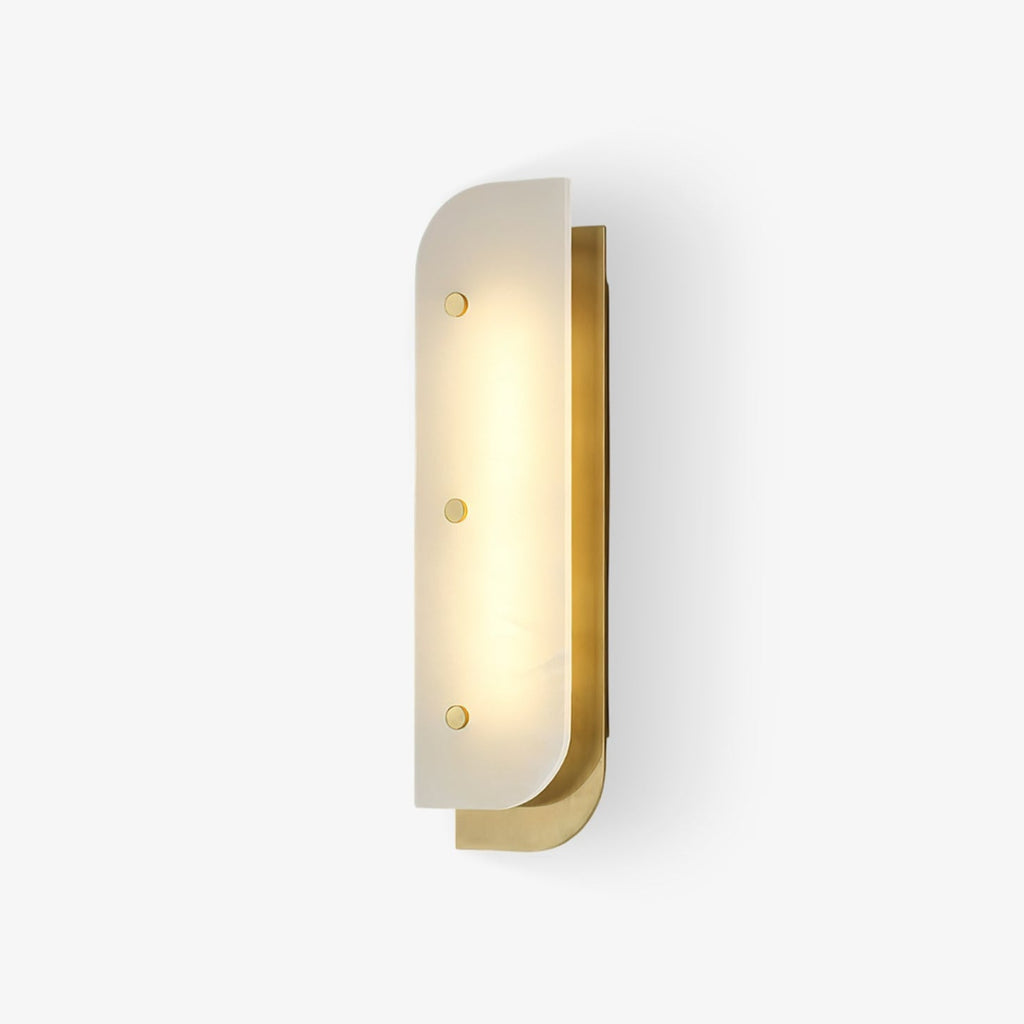 Elaris Alabaster Wall Light in brass, tall size, viewed straight on with the LED glowing behind the panel.