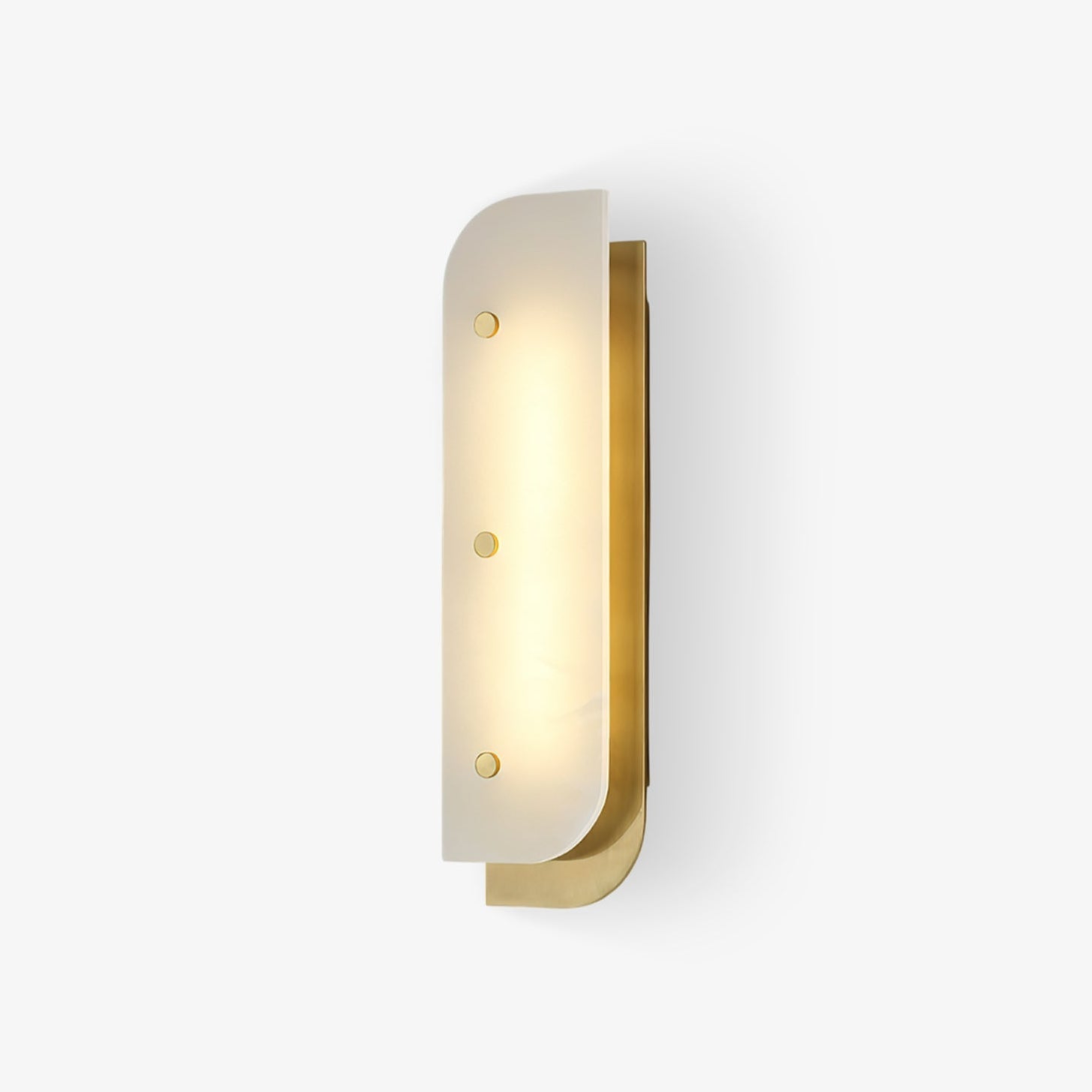 Elaris Alabaster Wall Light in brass, tall size, viewed straight on with the LED glowing behind the panel.