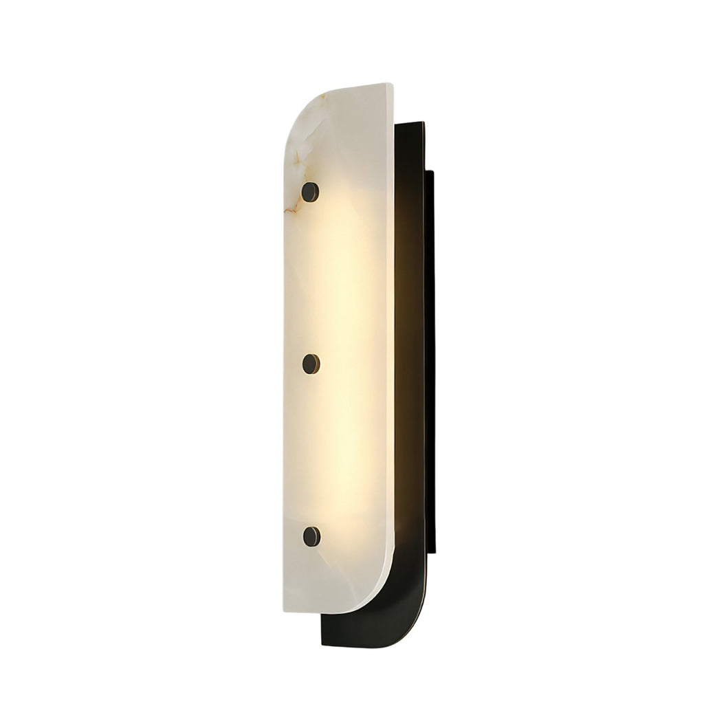 Tall Elaris Alabaster Wall Light in black, side view showing the stone's honey veining against the frame.