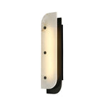 Tall Elaris Alabaster Wall Light in black, side view showing the stone's honey veining against the frame.