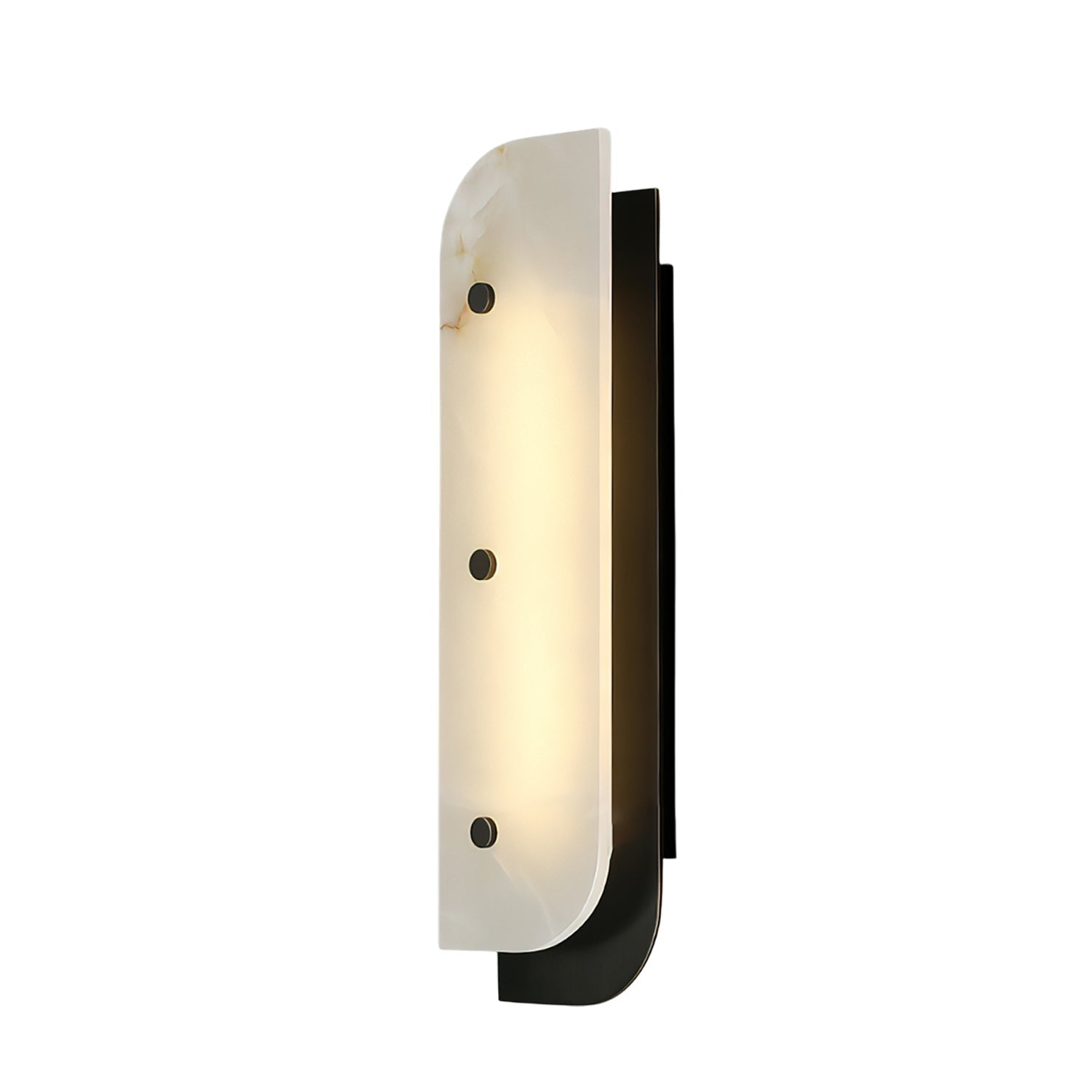 Tall Elaris Alabaster Wall Light in black, side view showing the stone's honey veining against the frame.