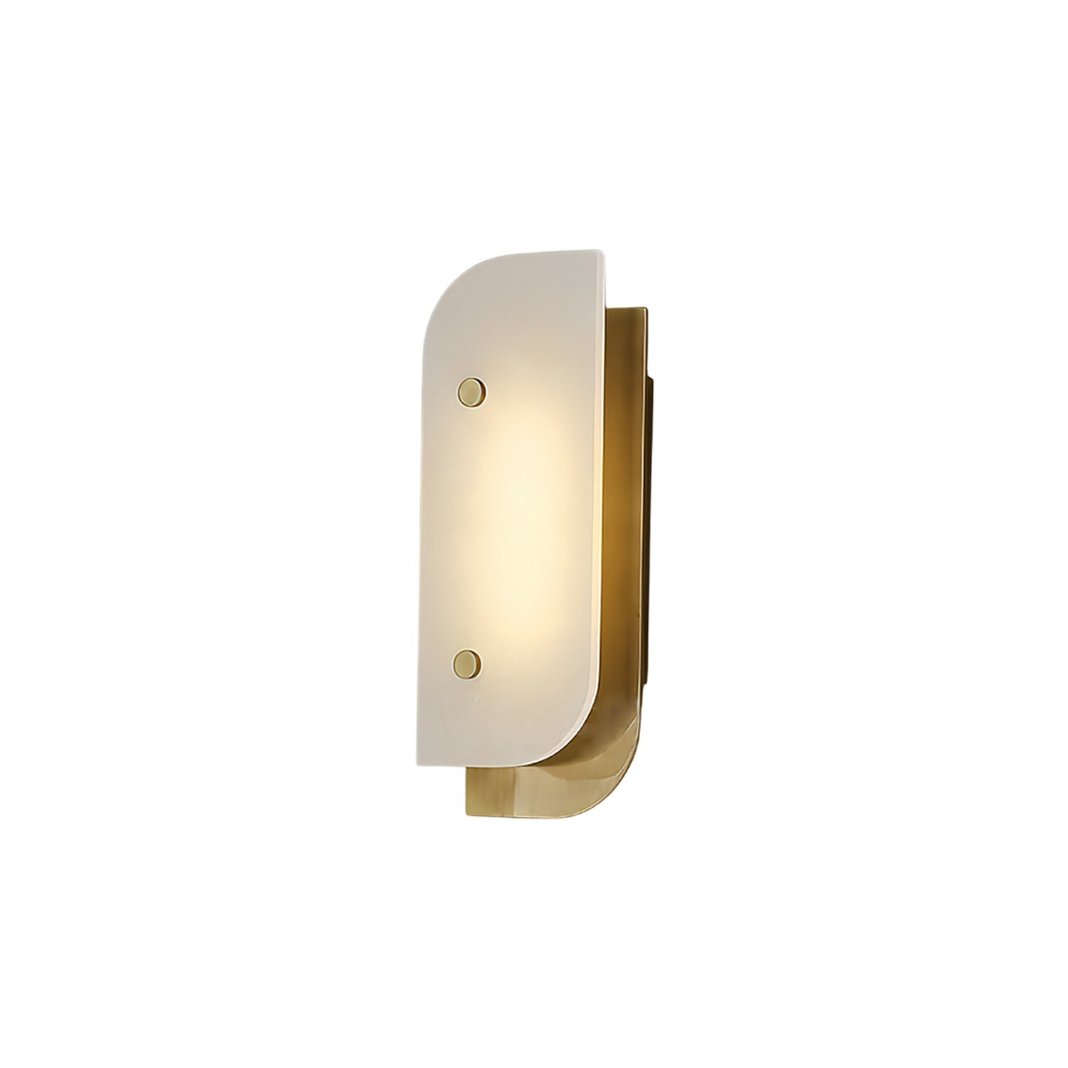 Elaris Alabaster Wall Light in the short size, brass backplate and two studs, glowing softly on white.