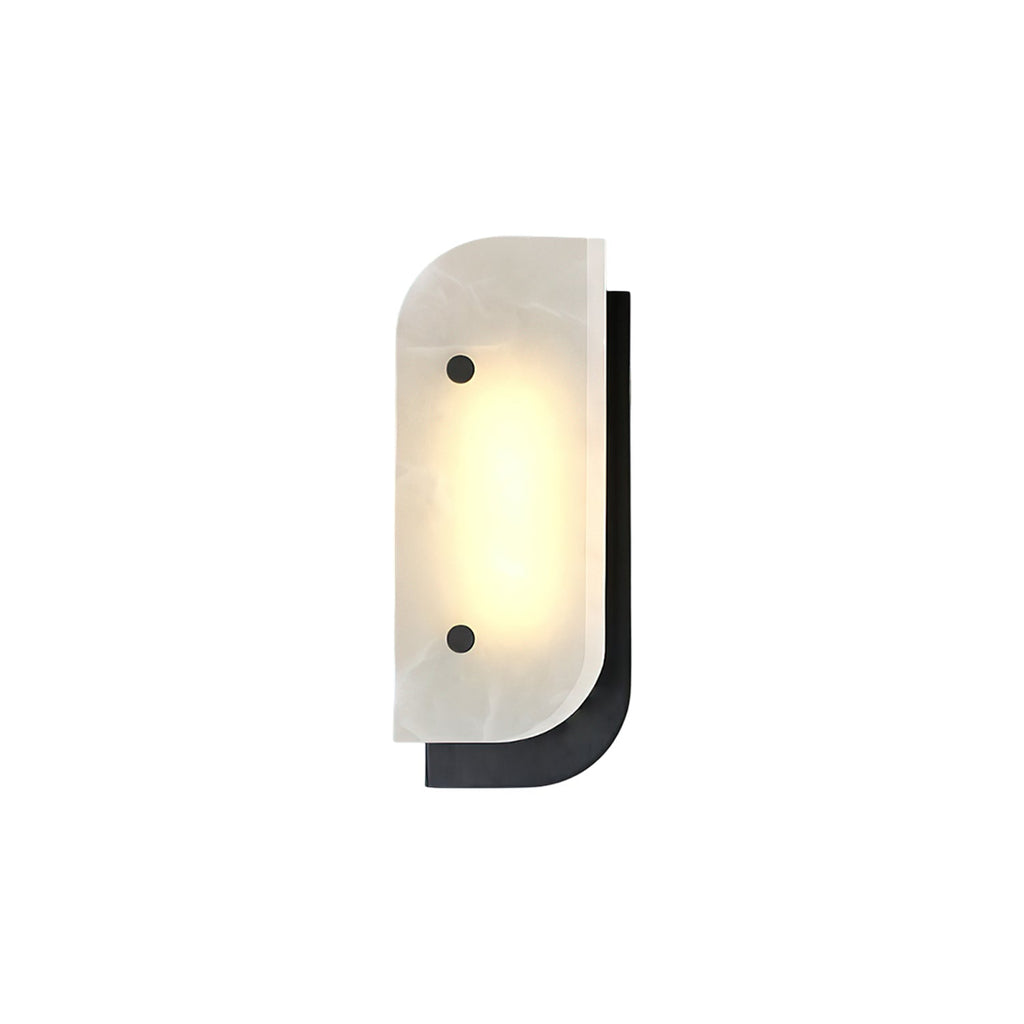 Short Elaris Alabaster Wall Light with a matte black backplate, veined stone panel lit warm from within.