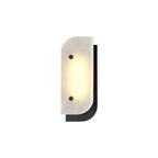 Short Elaris Alabaster Wall Light with a matte black backplate, veined stone panel lit warm from within.