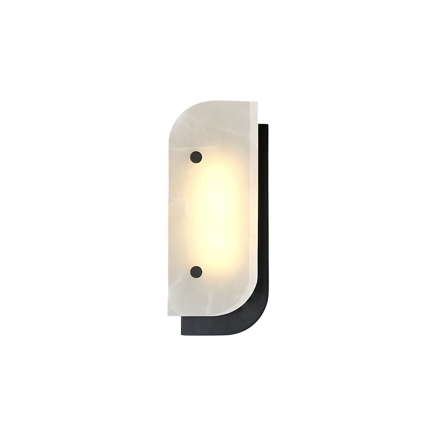 Short Elaris Alabaster Wall Light with a matte black backplate, veined stone panel lit warm from within.