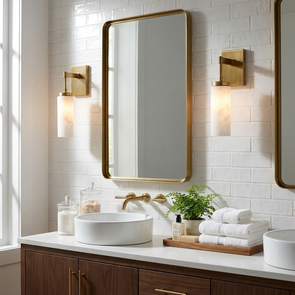 A pair of brass Clérachic wall sconces flank a mirror above a bathroom vanity with a white vessel sink.