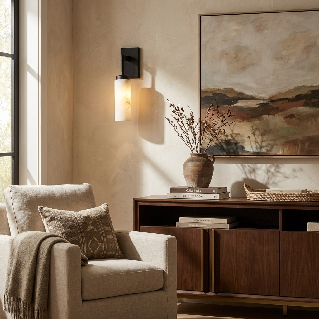 Lit in matte black, this Clérachic sconce glows beside a console table set with books and a landscape painting.