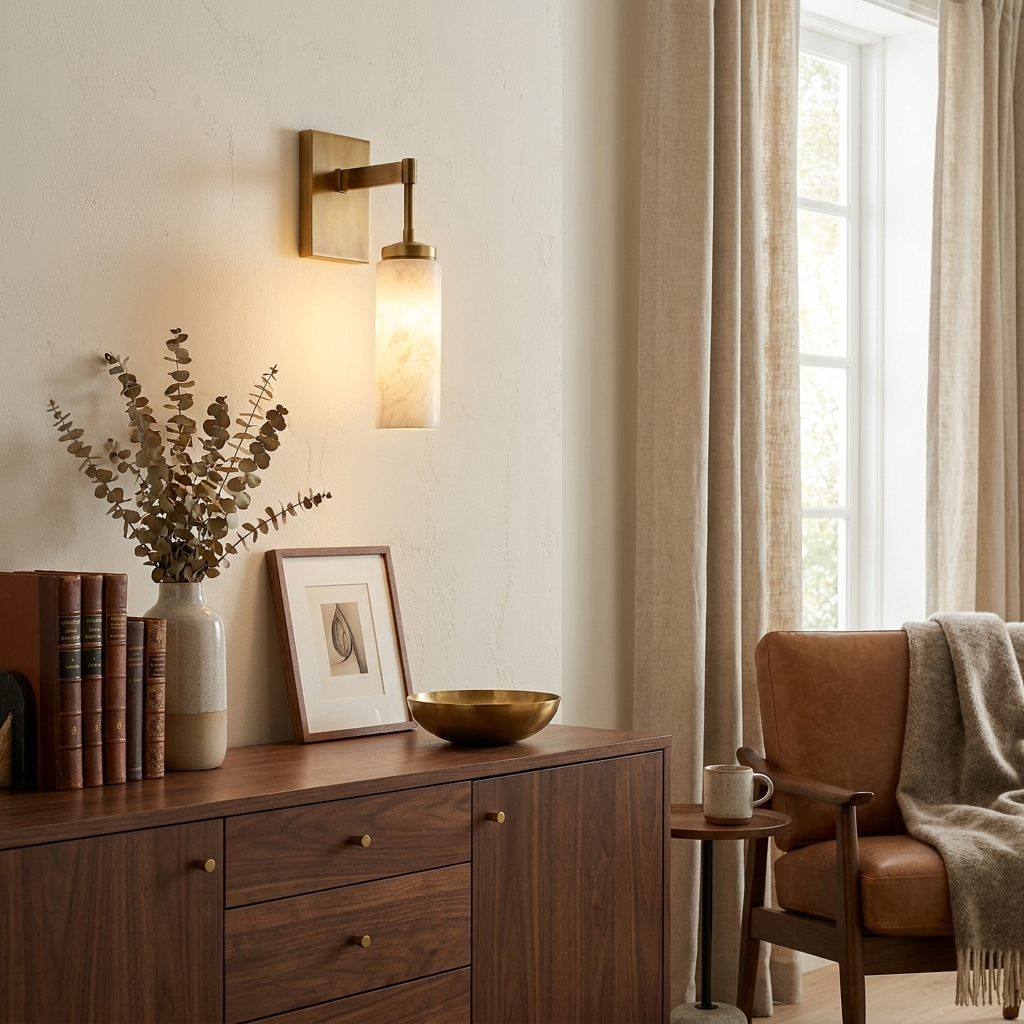 Beside a walnut console with books and a vase, this brass Clérachic sconce warms a living room corner.