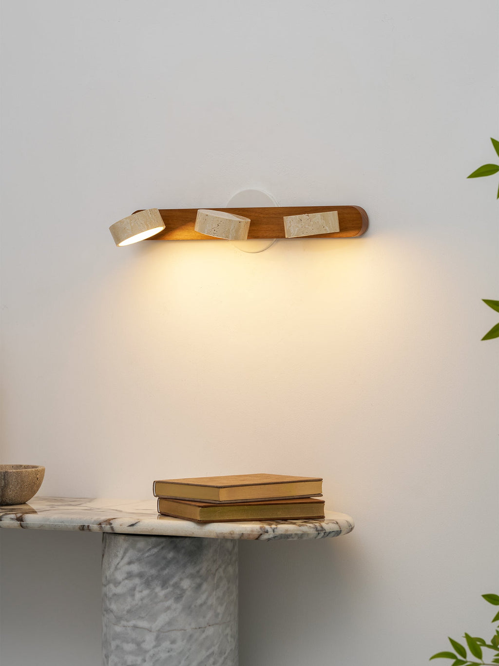 Travertine Duo Wall Light, Natural Stone Shades, Wood Frame, LED 3000K