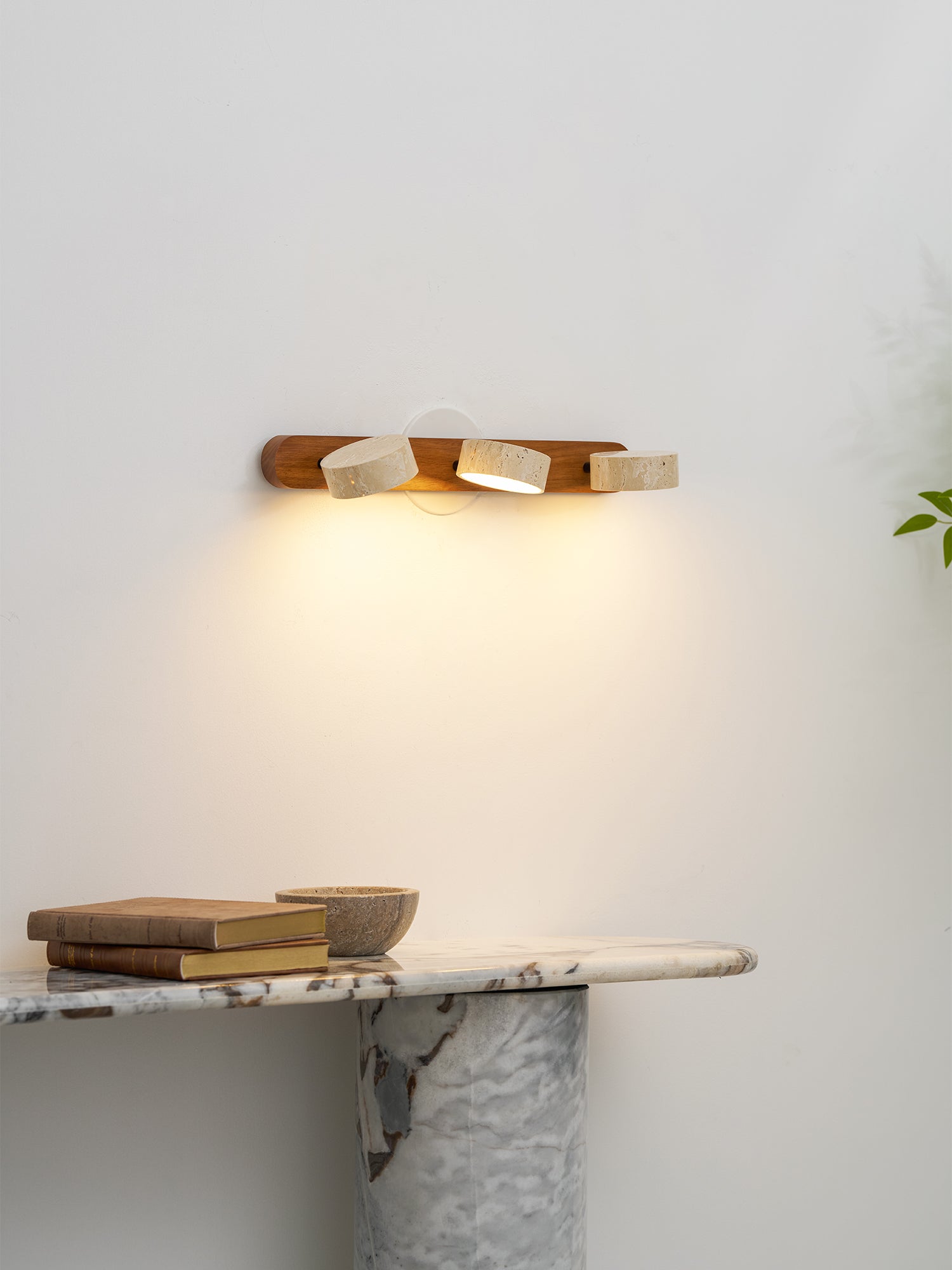 Travertine Duo Wall Light, Natural Stone Shades, Wood Frame, LED 3000K