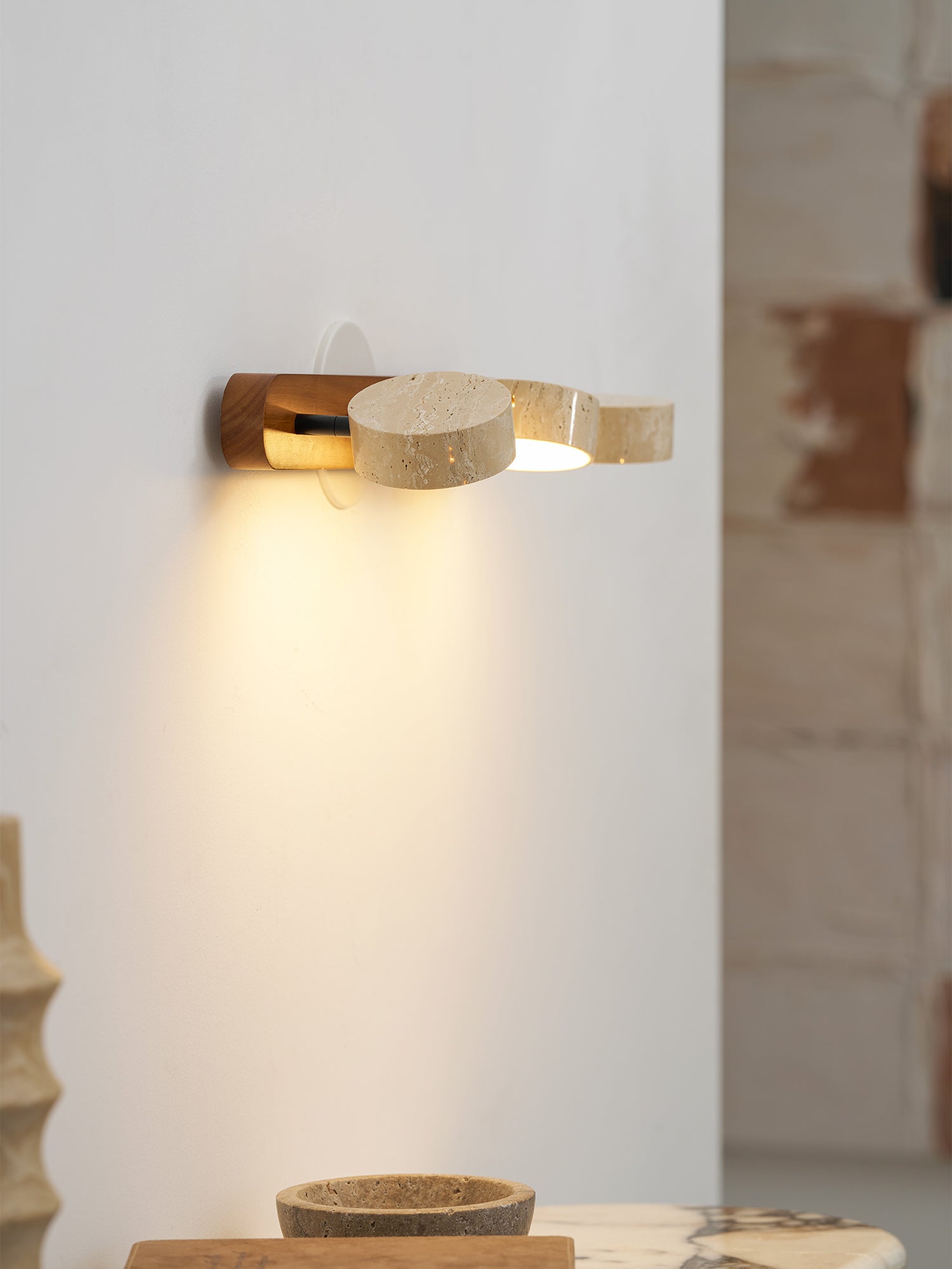 Travertine Duo Wall Light, Natural Stone Shades, Wood Frame, LED 3000K