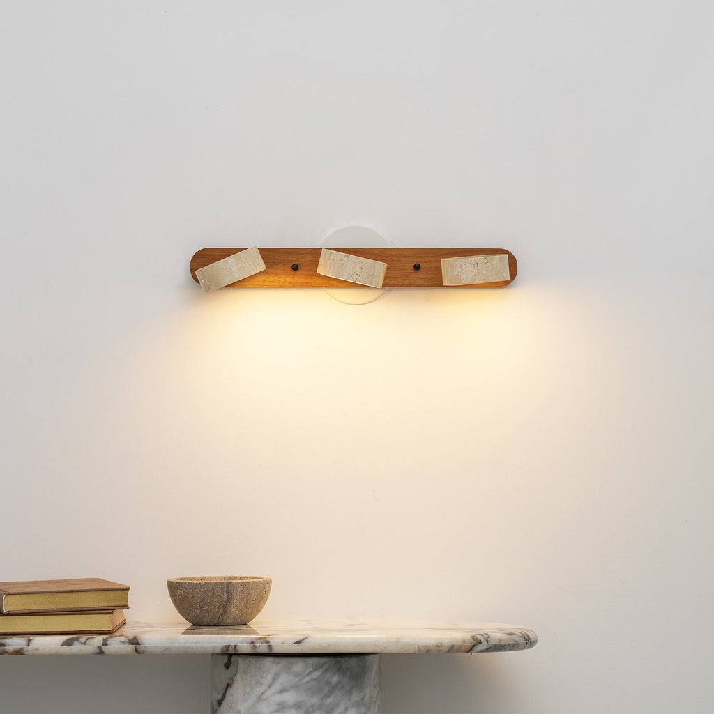 Travertine Duo Wall Light, Natural Stone Shades, Wood Frame, LED 3000K
