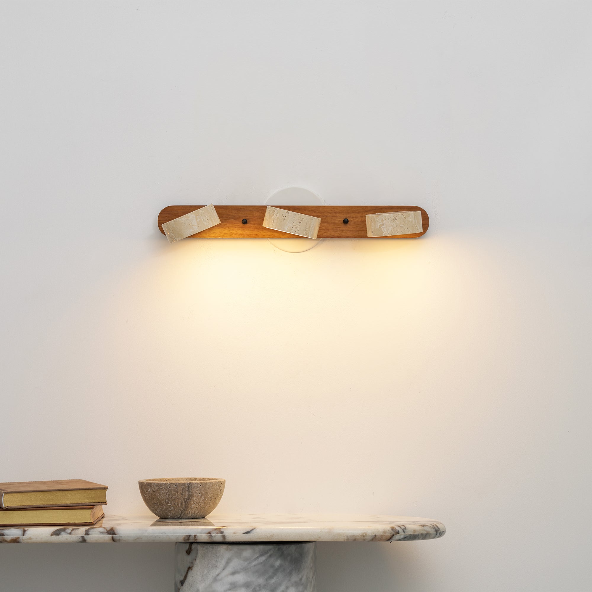 Travertine Duo Wall Light, Natural Stone Shades, Wood Frame, LED 3000K