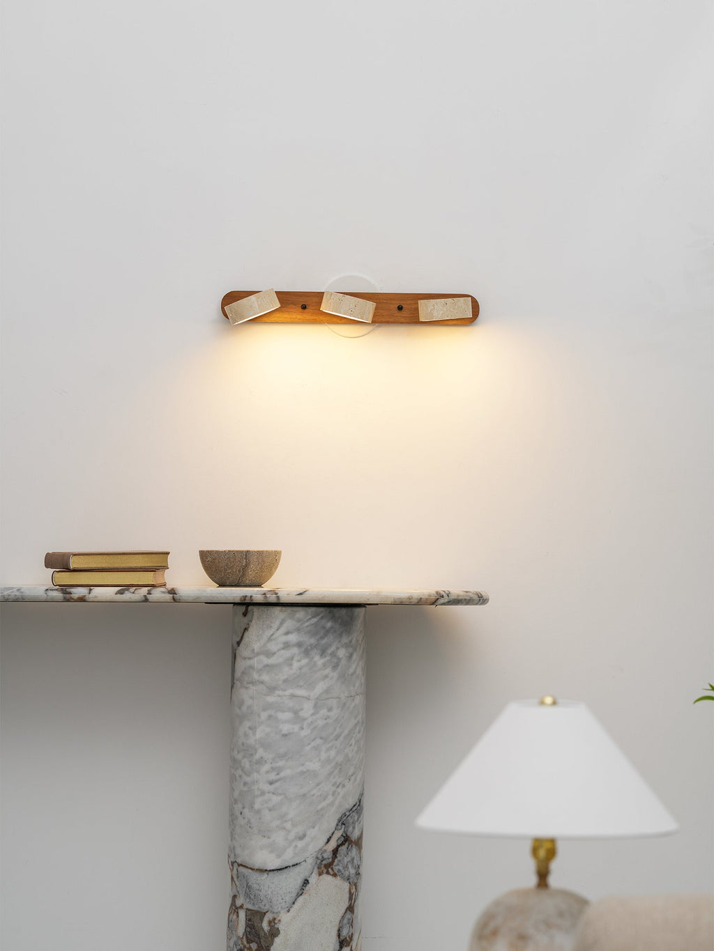 Travertine Duo Wall Light, Natural Stone Shades, Wood Frame, LED 3000K