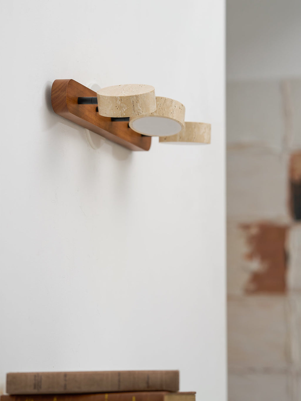 Travertine Duo Wall Light, Natural Stone Shades, Wood Frame, LED 3000K
