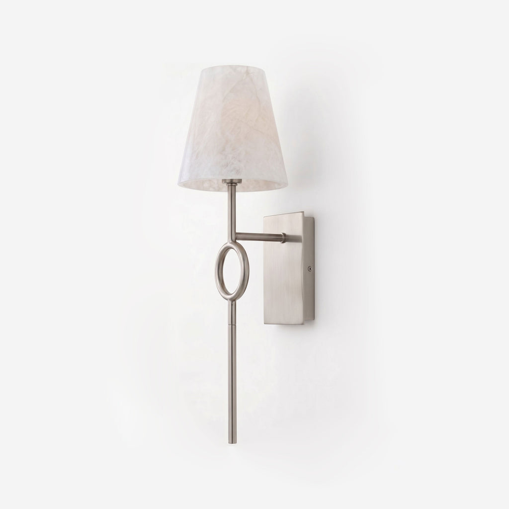 On a plain white backdrop, this Clérachic wall sconce shows its brushed nickel finish, oval ring and tapered alabaster shade, unlit.