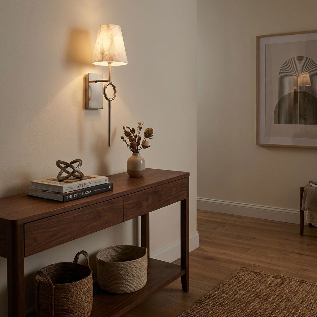 Beside a dark wood console with books and a small sculpture, this Clérachic wall sconce in brushed brass lights a hallway wall.