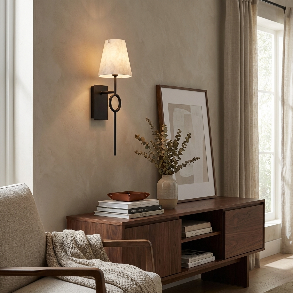 Lit beside a curtained window and a console with a framed picture and plant, this Clérachic wall sconce shows a matte black finish.