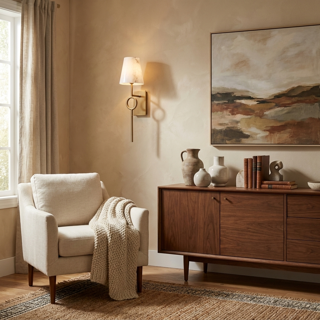 In a sunlit living room beside a console with vases and framed art, this Clérachic wall sconce in brushed brass glows warmly.