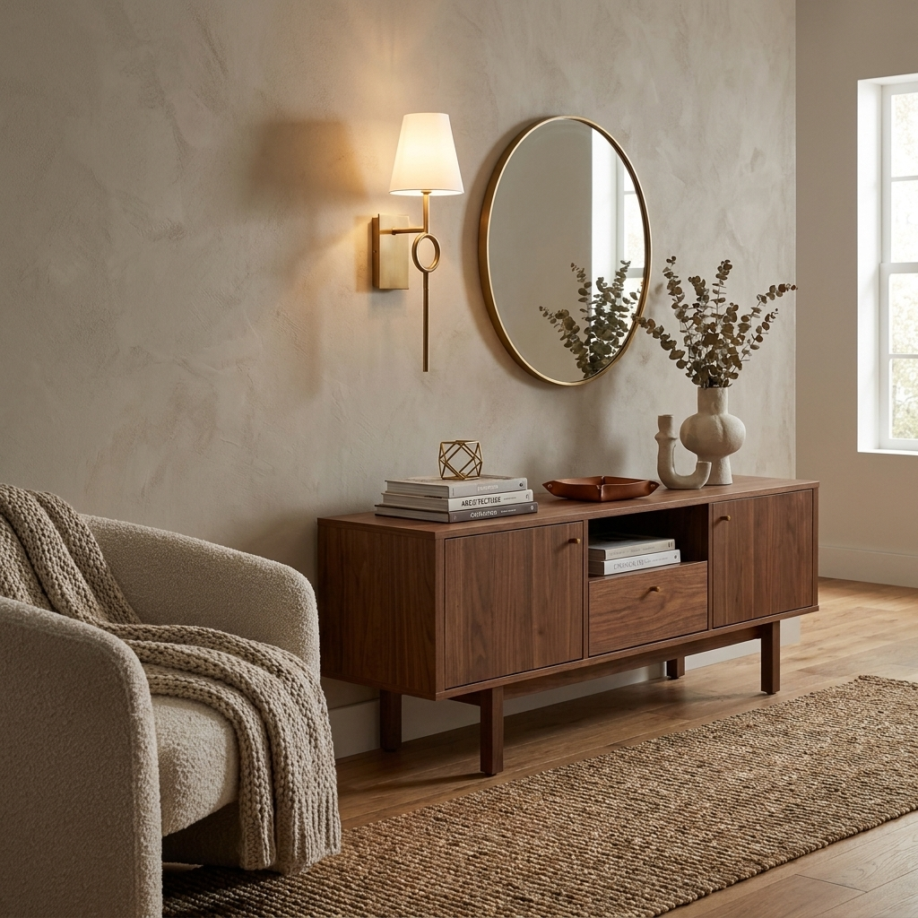 Lit beside a round mirror over a wood console with a vase, this Clérachic wall sconce in brushed brass warms a living room corner.